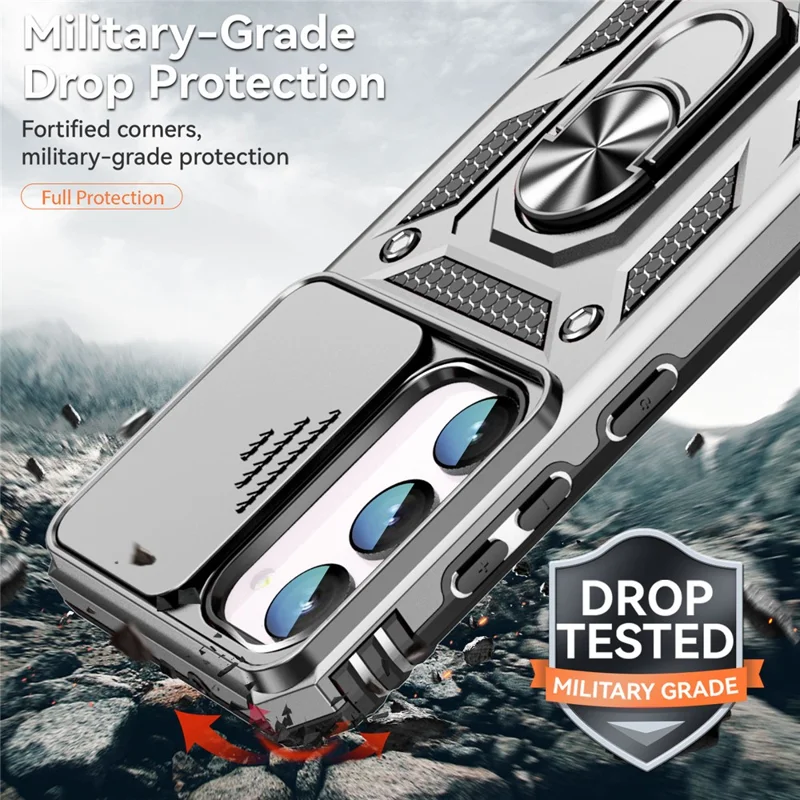 For Samsung Galaxy S23 FE Case Slide Camera Lid PC+TPU Cellphone Cover with Ring Kickstand - Silver