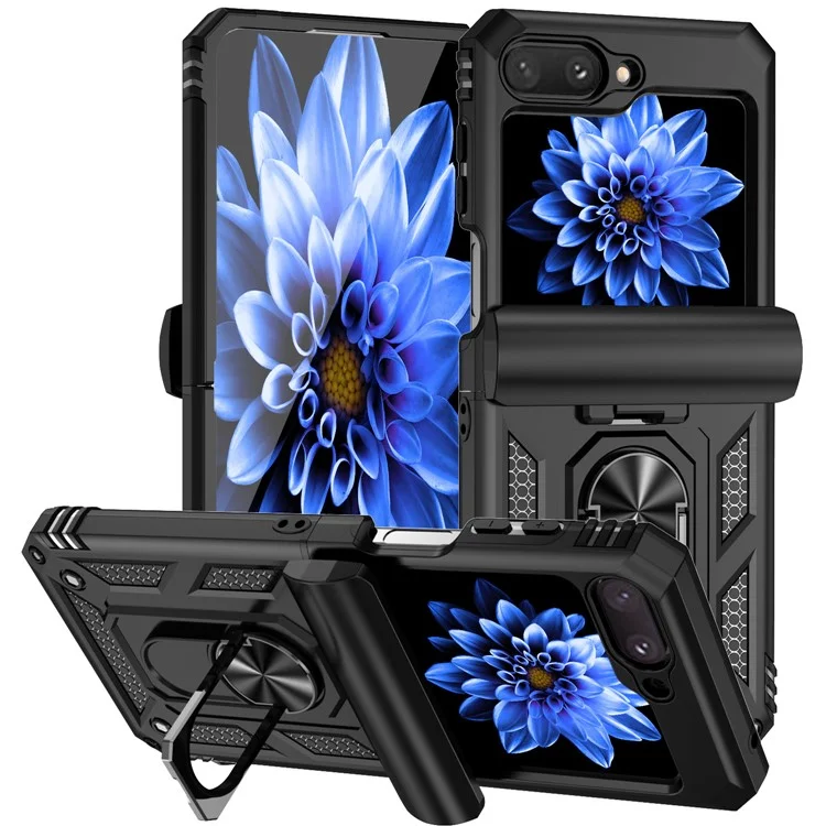 Funda para Samsung Galaxy Z Flip5 5G Carcasa PC+TPU Anillo Anti-caída Soporte de Pie - Negro