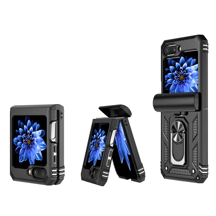 Funda para Samsung Galaxy Z Flip5 5G Carcasa PC+TPU Anillo Anti-caída Soporte de Pie - Negro
