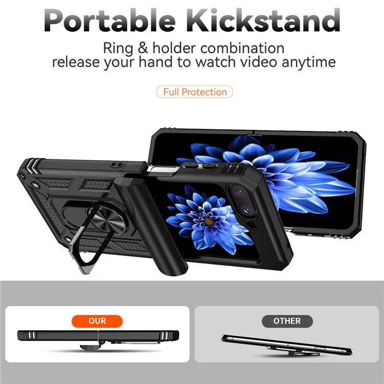 Funda para Samsung Galaxy Z Flip5 5G Carcasa PC+TPU Anillo Anti-caída Soporte de Pie - Negro