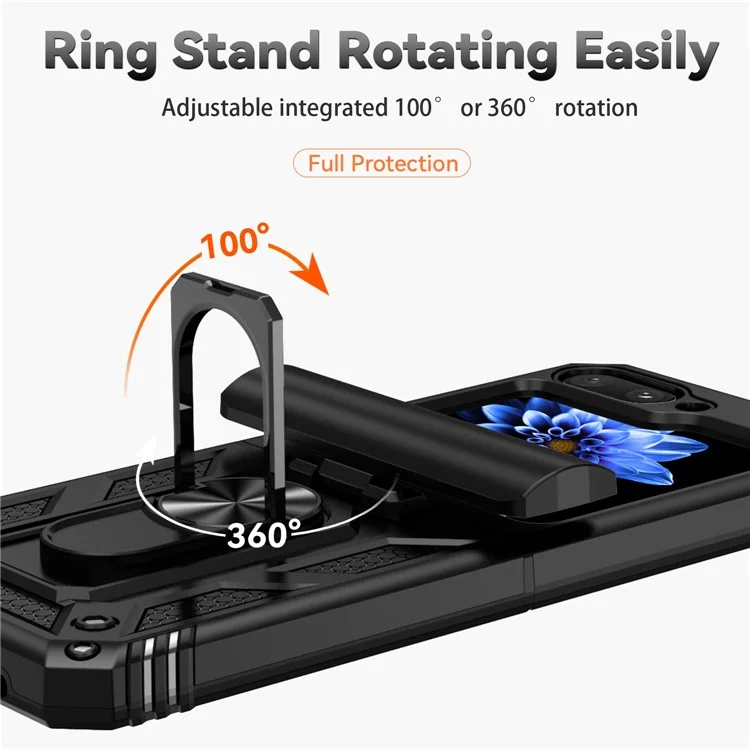 Funda para Samsung Galaxy Z Flip5 5G Carcasa PC+TPU Anillo Anti-caída Soporte de Pie - Negro