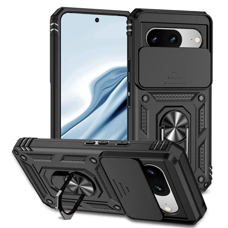 Per Google Pixel 8 Case Ring Kickstand PC+TPU Anti-drop Phone Cover with Slide Camera Lid - Nero