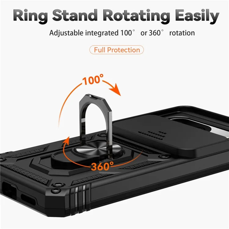 Per Google Pixel 8 Case Ring Kickstand PC+TPU Anti-drop Phone Cover with Slide Camera Lid - Nero