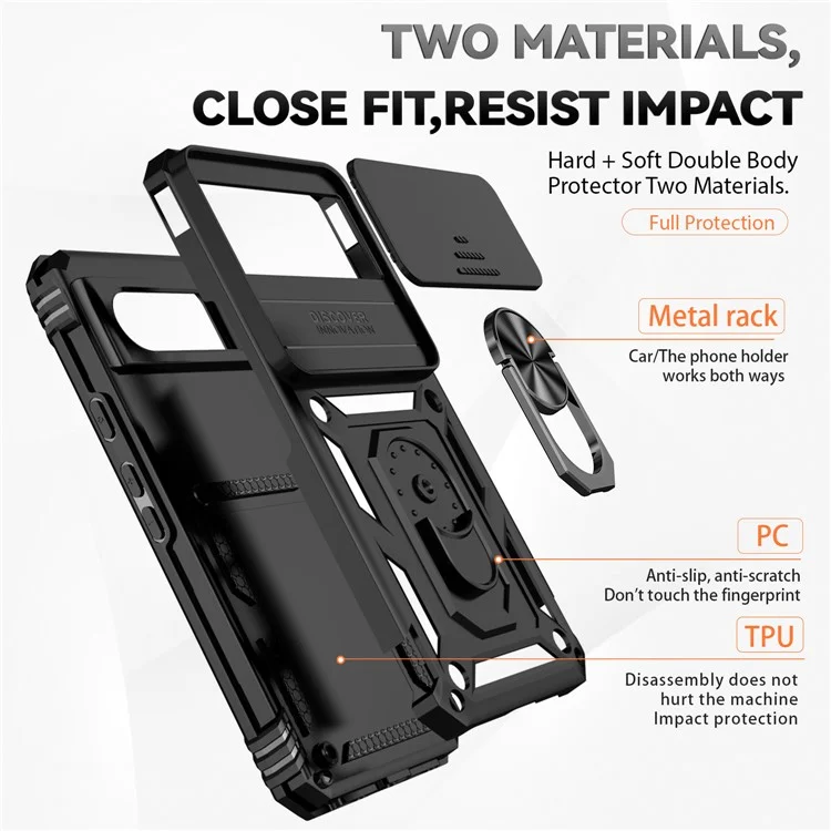 Per Google Pixel 8 Case Ring Kickstand PC+TPU Anti-drop Phone Cover with Slide Camera Lid - Nero