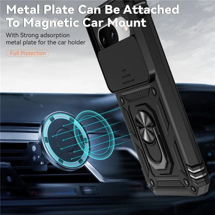 Per Google Pixel 8 Case Ring Kickstand PC+TPU Anti-drop Phone Cover with Slide Camera Lid - Nero