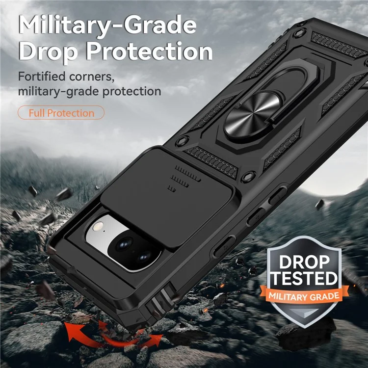 Per Google Pixel 8 Case Ring Kickstand PC+TPU Anti-drop Phone Cover with Slide Camera Lid - Nero
