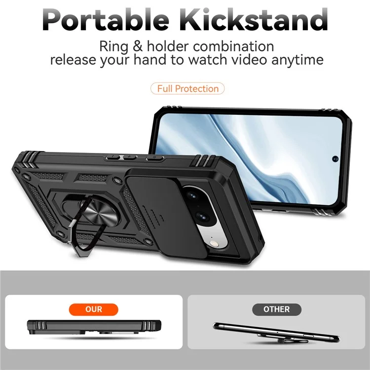 Per Google Pixel 8 Case Ring Kickstand PC+TPU Anti-drop Phone Cover with Slide Camera Lid - Nero