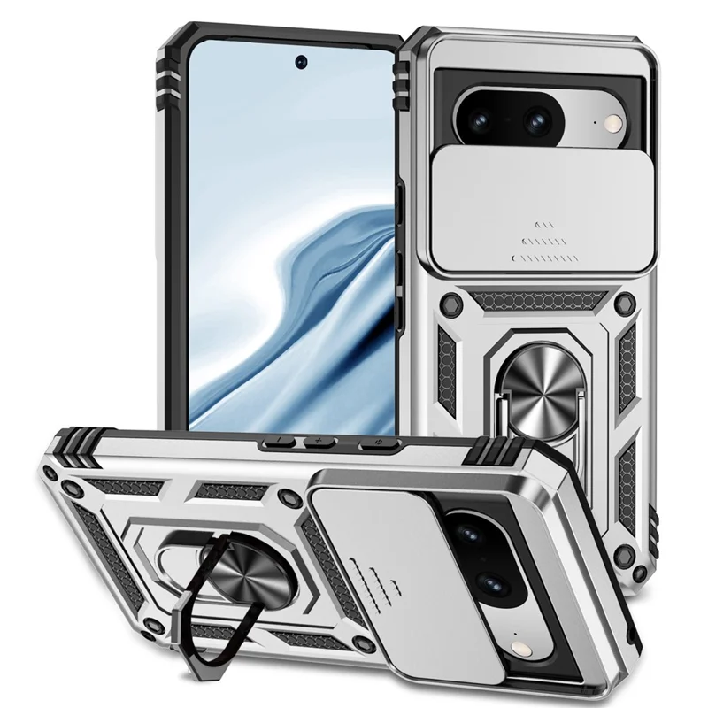 For Google Pixel 8 Case Ring Kickstand PC+TPU Anti-drop Phone Cover with Slide Camera Lid - Silver