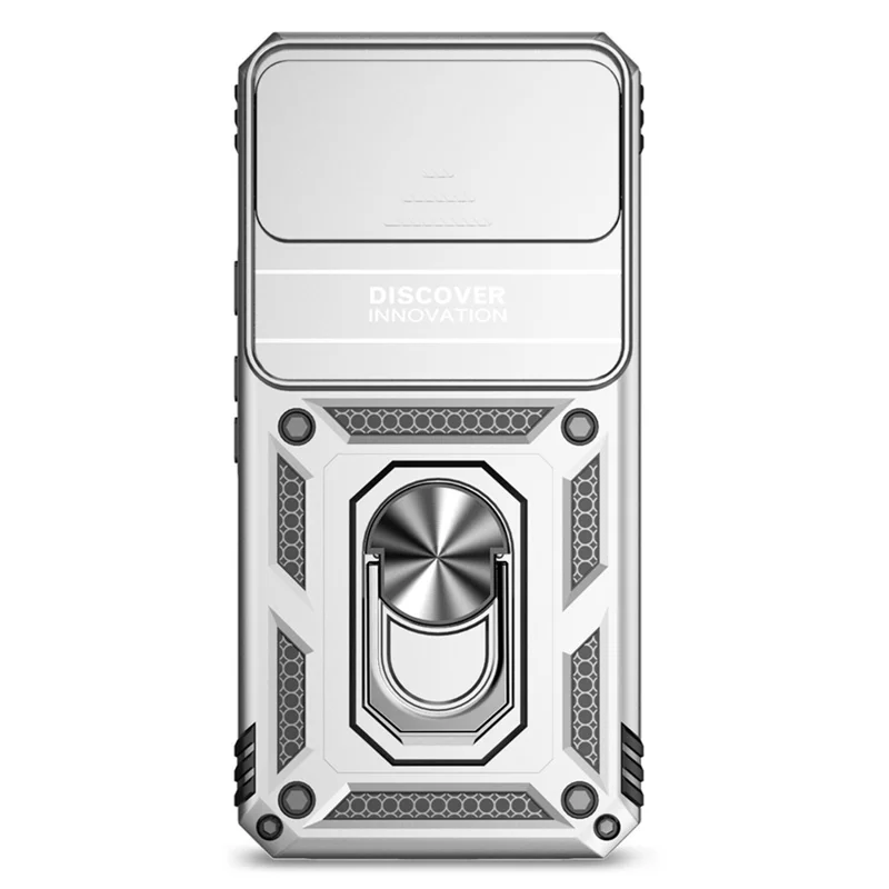 For Google Pixel 8 Case Ring Kickstand PC+TPU Anti-drop Phone Cover with Slide Camera Lid - Silver