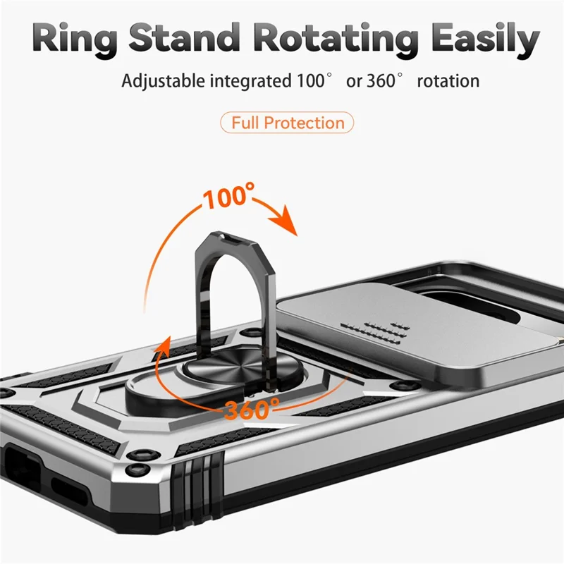 For Google Pixel 8 Case Ring Kickstand PC+TPU Anti-drop Phone Cover with Slide Camera Lid - Silver