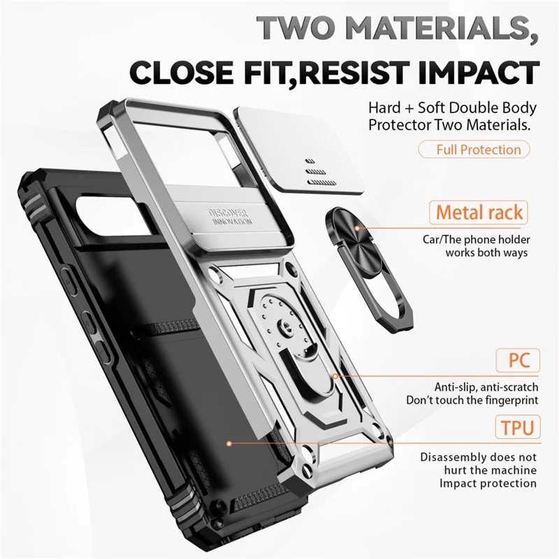 For Google Pixel 8 Case Ring Kickstand PC+TPU Anti-drop Phone Cover with Slide Camera Lid - Silver