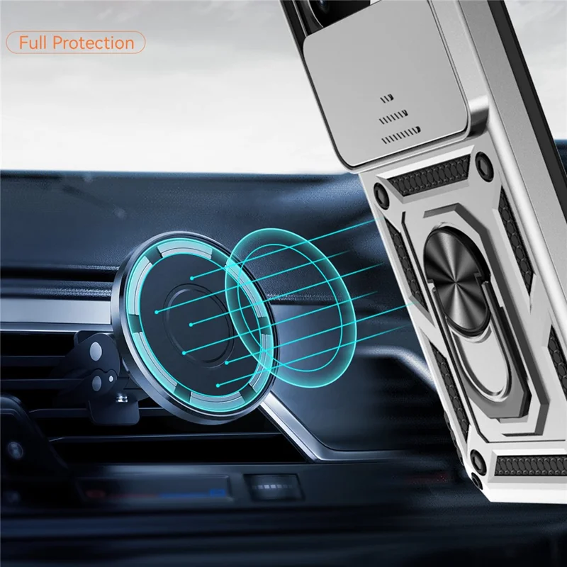 For Google Pixel 8 Case Ring Kickstand PC+TPU Anti-drop Phone Cover with Slide Camera Lid - Silver