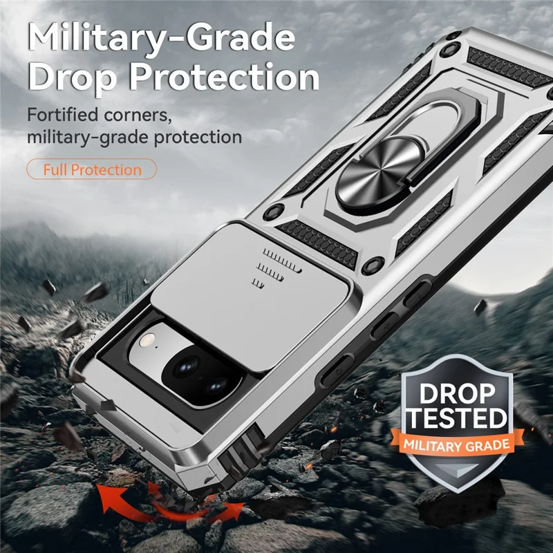 For Google Pixel 8 Case Ring Kickstand PC+TPU Anti-drop Phone Cover with Slide Camera Lid - Silver