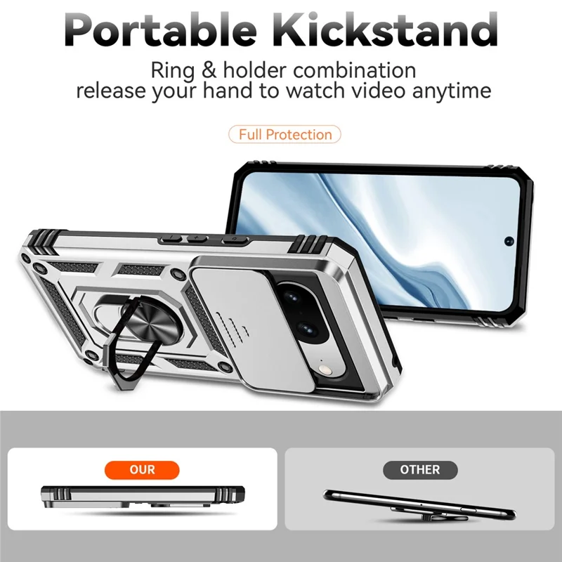 For Google Pixel 8 Case Ring Kickstand PC+TPU Anti-drop Phone Cover with Slide Camera Lid - Silver