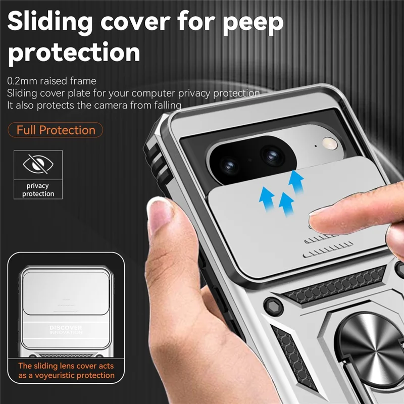 For Google Pixel 8 Case Ring Kickstand PC+TPU Anti-drop Phone Cover with Slide Camera Lid - Silver
