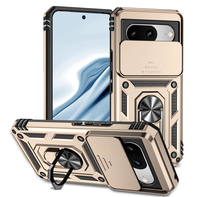 For Google Pixel 8 Case Ring Kickstand PC+TPU Anti-drop Phone Cover with Slide Camera Lid - Gold