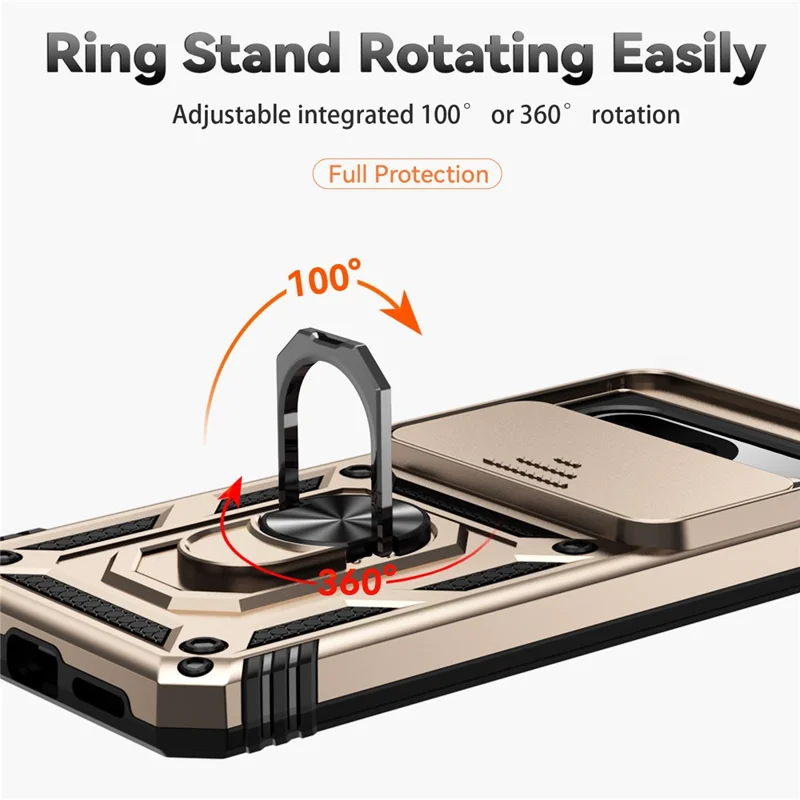 For Google Pixel 8 Case Ring Kickstand PC+TPU Anti-drop Phone Cover with Slide Camera Lid - Gold