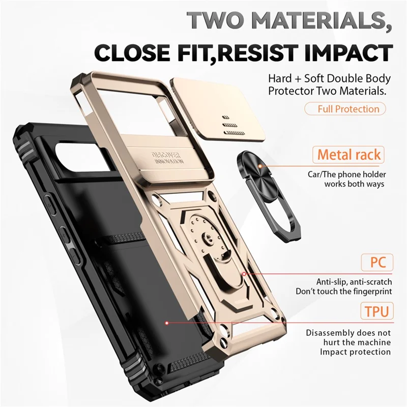 For Google Pixel 8 Case Ring Kickstand PC+TPU Anti-drop Phone Cover with Slide Camera Lid - Gold