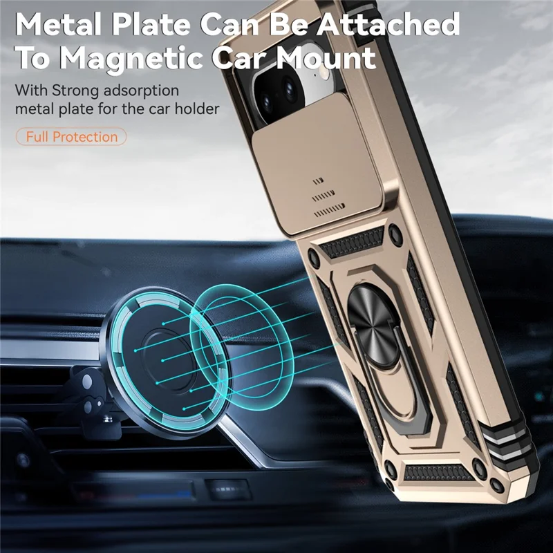 For Google Pixel 8 Case Ring Kickstand PC+TPU Anti-drop Phone Cover with Slide Camera Lid - Gold