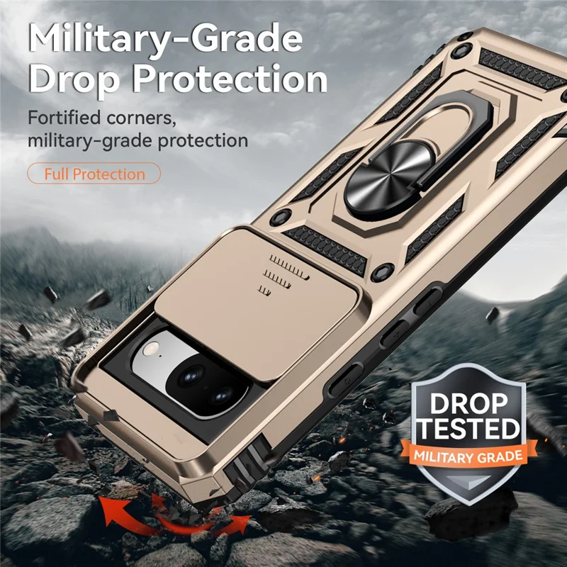 For Google Pixel 8 Case Ring Kickstand PC+TPU Anti-drop Phone Cover with Slide Camera Lid - Gold