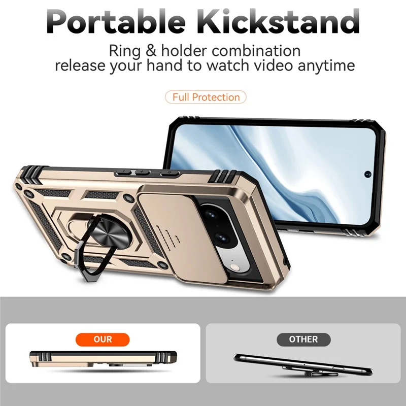 For Google Pixel 8 Case Ring Kickstand PC+TPU Anti-drop Phone Cover with Slide Camera Lid - Gold