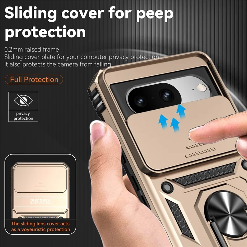 For Google Pixel 8 Case Ring Kickstand PC+TPU Anti-drop Phone Cover with Slide Camera Lid - Gold