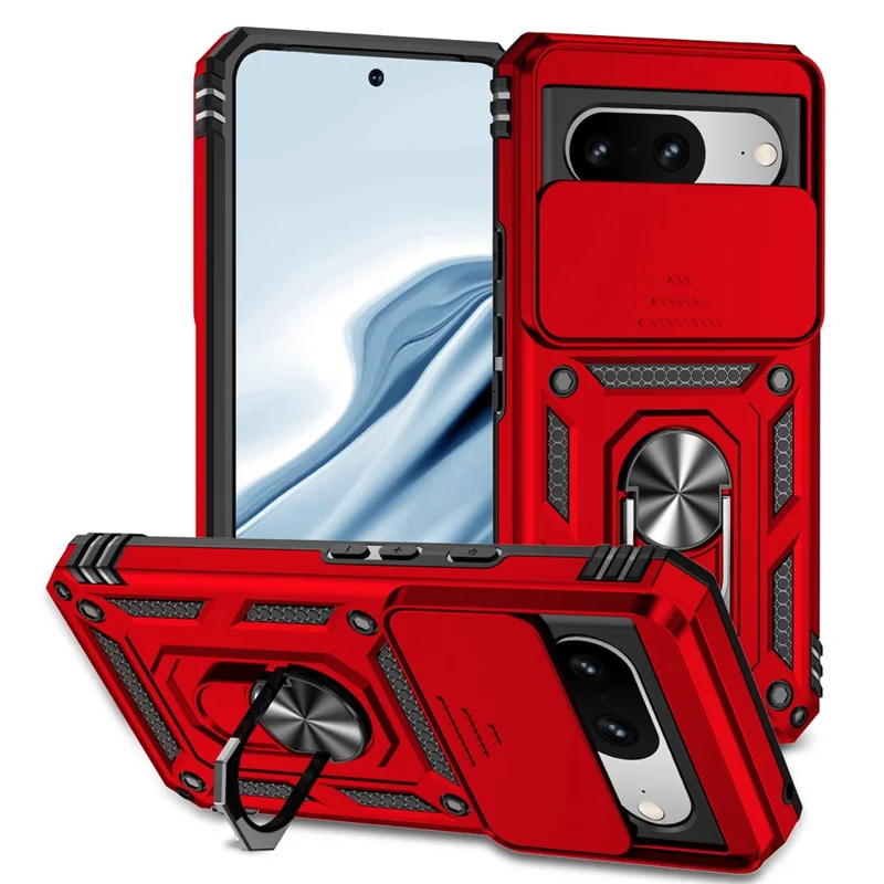 For Google Pixel 8 Case Ring Kickstand PC+TPU Anti-drop Phone Cover with Slide Camera Lid - Red