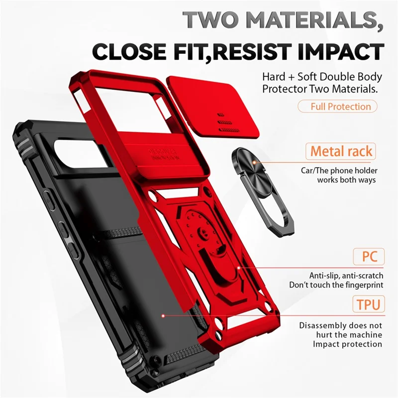 For Google Pixel 8 Case Ring Kickstand PC+TPU Anti-drop Phone Cover with Slide Camera Lid - Red