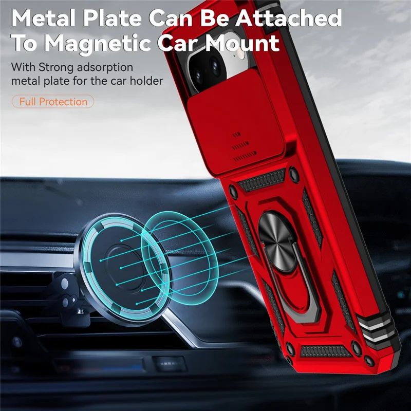 For Google Pixel 8 Case Ring Kickstand PC+TPU Anti-drop Phone Cover with Slide Camera Lid - Red
