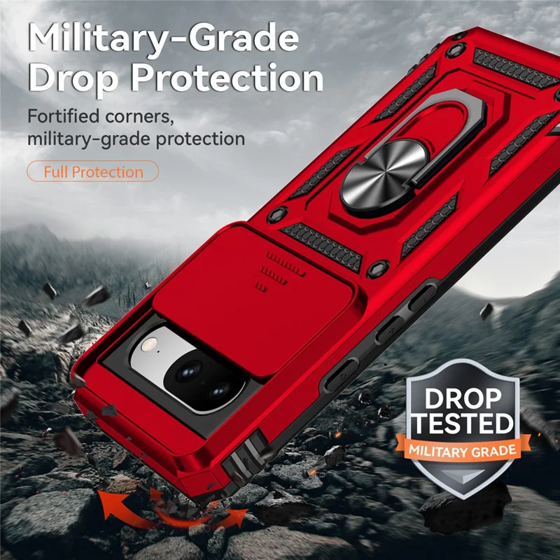 For Google Pixel 8 Case Ring Kickstand PC+TPU Anti-drop Phone Cover with Slide Camera Lid - Red