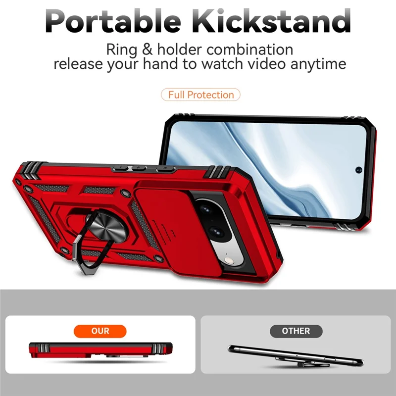 For Google Pixel 8 Case Ring Kickstand PC+TPU Anti-drop Phone Cover with Slide Camera Lid - Red