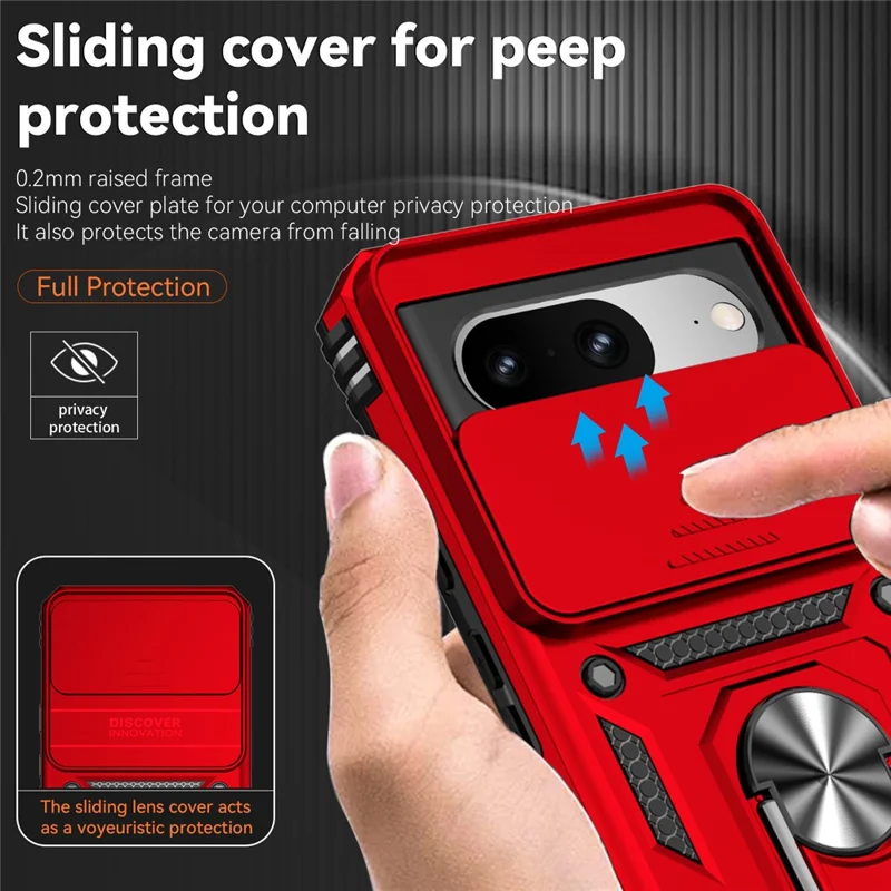 For Google Pixel 8 Case Ring Kickstand PC+TPU Anti-drop Phone Cover with Slide Camera Lid - Red