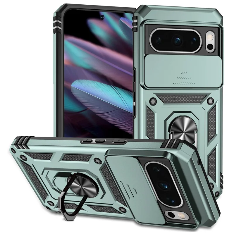 For Google Pixel 8 Pro Case Slide Camera Protection PC+TPU Smartphone Kickstand Cover - Green