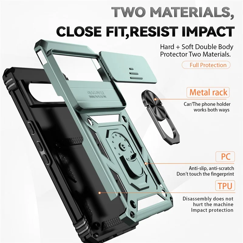 For Google Pixel 8 Pro Case Slide Camera Protection PC+TPU Smartphone Kickstand Cover - Green