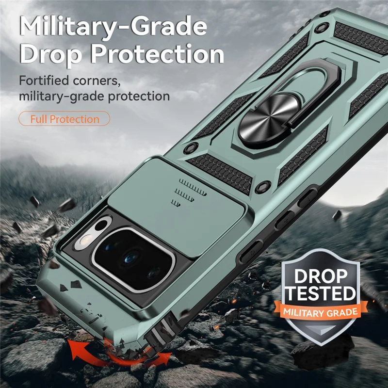 For Google Pixel 8 Pro Case Slide Camera Protection PC+TPU Smartphone Kickstand Cover - Green