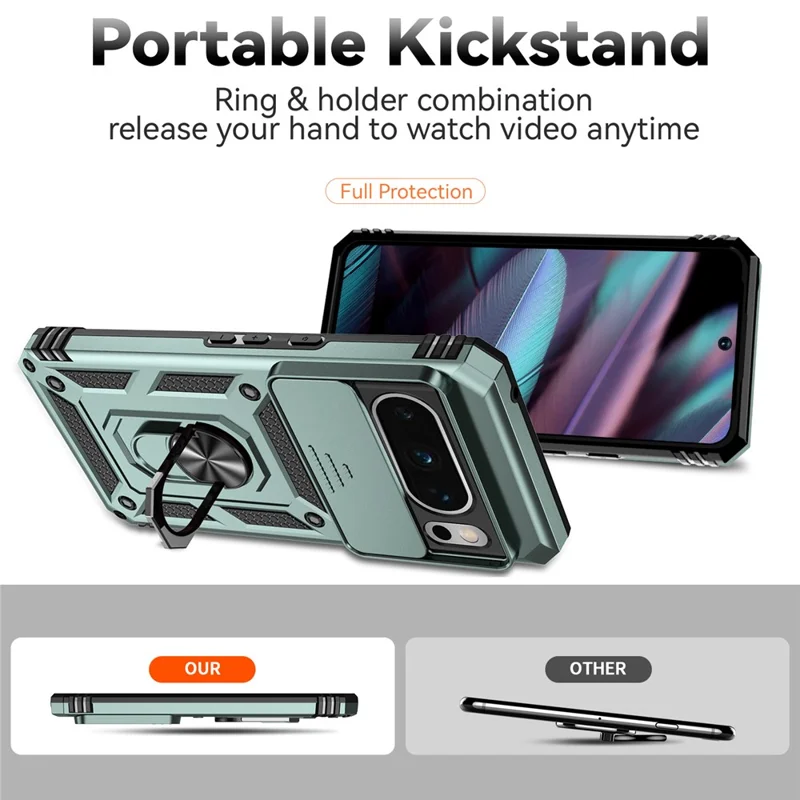 For Google Pixel 8 Pro Case Slide Camera Protection PC+TPU Smartphone Kickstand Cover - Green