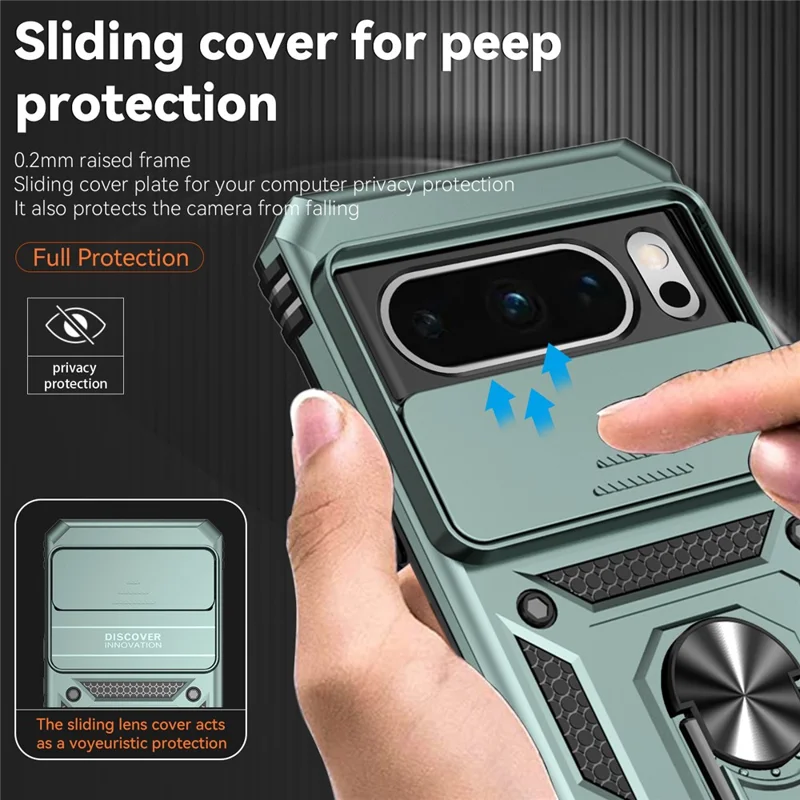 For Google Pixel 8 Pro Case Slide Camera Protection PC+TPU Smartphone Kickstand Cover - Green