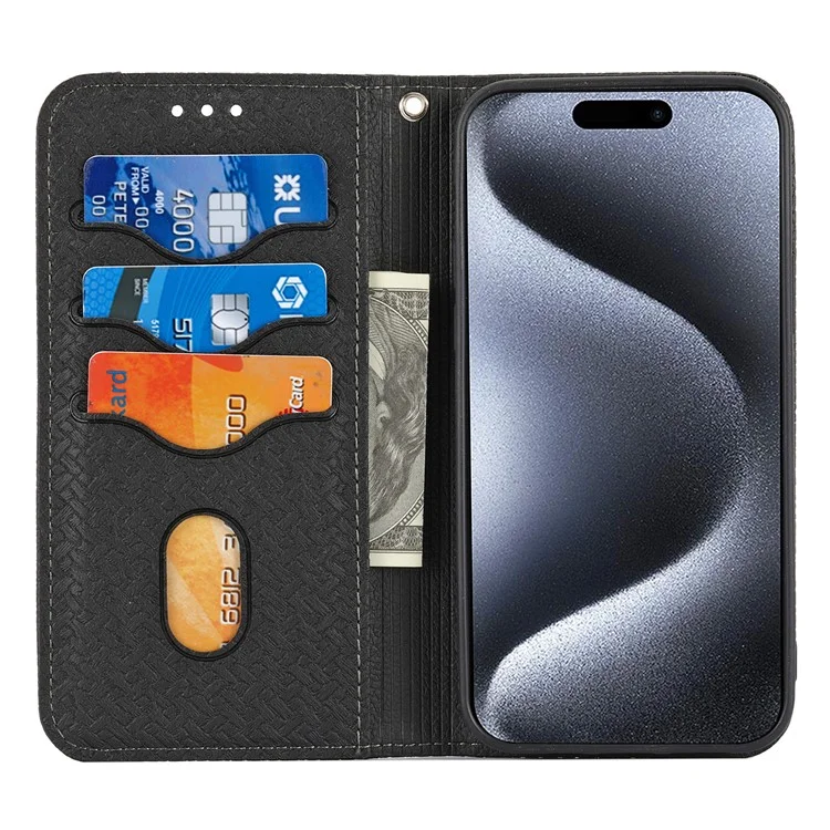Coque pour iPhone 15 Pro Max Texture tissée Splicing Leather Stand Phone Cover avec sangle - Noir
