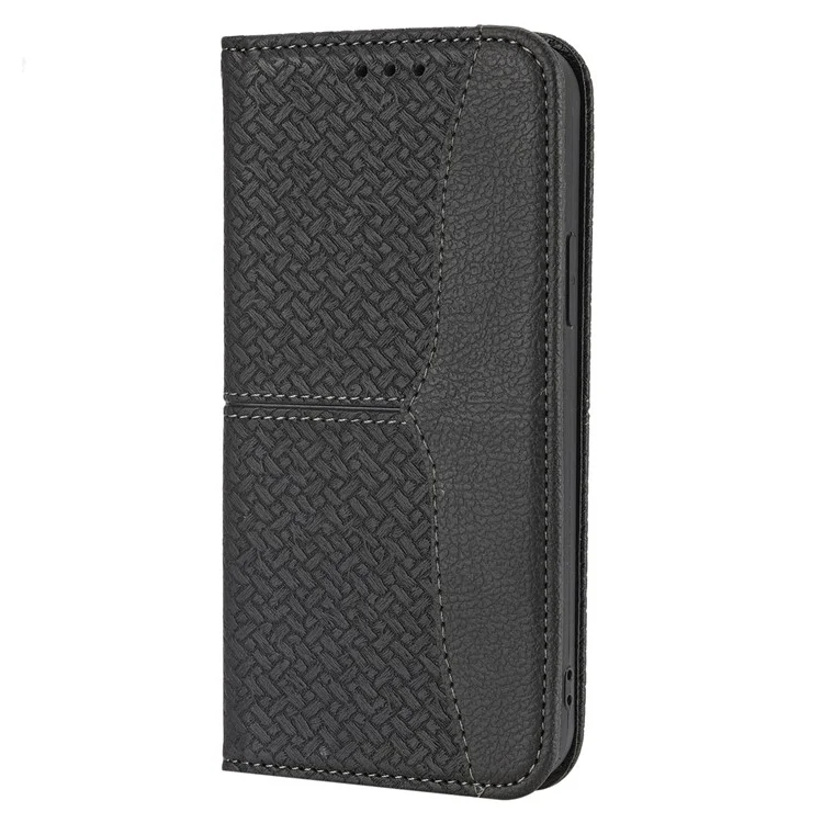 Coque pour iPhone 15 Pro Max Texture tissée Splicing Leather Stand Phone Cover avec sangle - Noir