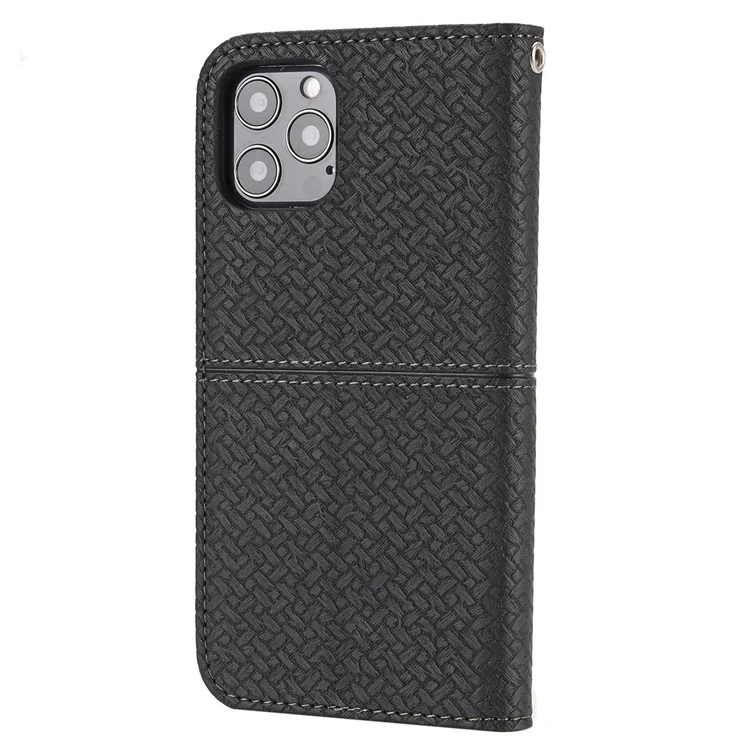 Coque pour iPhone 15 Pro Max Texture tissée Splicing Leather Stand Phone Cover avec sangle - Noir