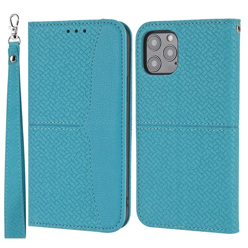 Per iPhone 15 Pro Case Woven Texture Leather Wallet Mobile Phone Cover con Cinturino - Blu