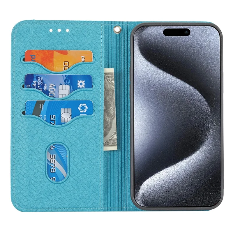 Per iPhone 15 Pro Case Woven Texture Leather Wallet Mobile Phone Cover con Cinturino - Blu