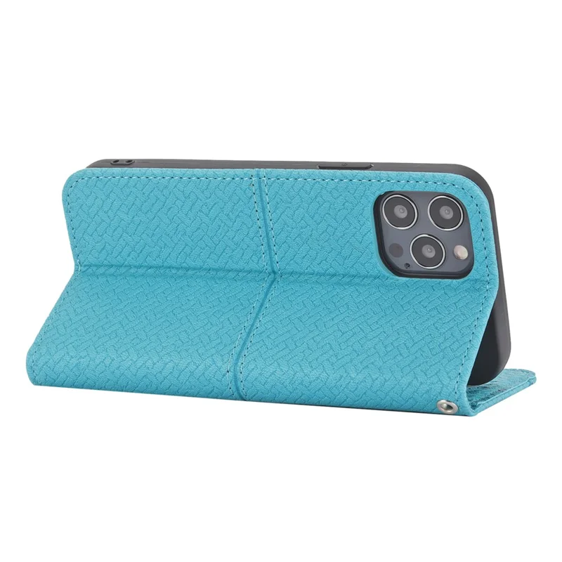 Per iPhone 15 Pro Case Woven Texture Leather Wallet Mobile Phone Cover con Cinturino - Blu