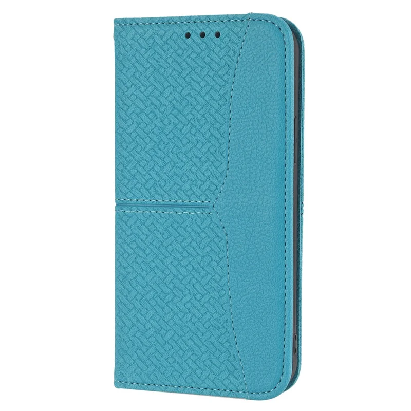 Per iPhone 15 Pro Case Woven Texture Leather Wallet Mobile Phone Cover con Cinturino - Blu