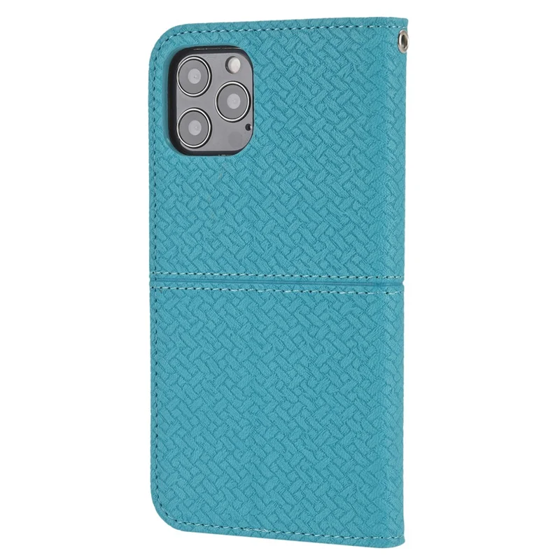 Per iPhone 15 Pro Case Woven Texture Leather Wallet Mobile Phone Cover con Cinturino - Blu