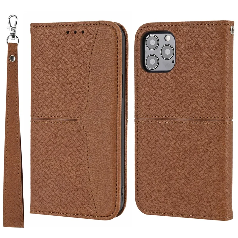 Custodia per iPhone 15 Pro in pelle intrecciata con portafoglio e tracolla - Marrone