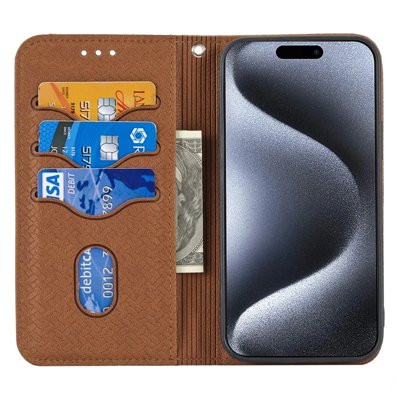 Custodia per iPhone 15 Pro in pelle intrecciata con portafoglio e tracolla - Marrone