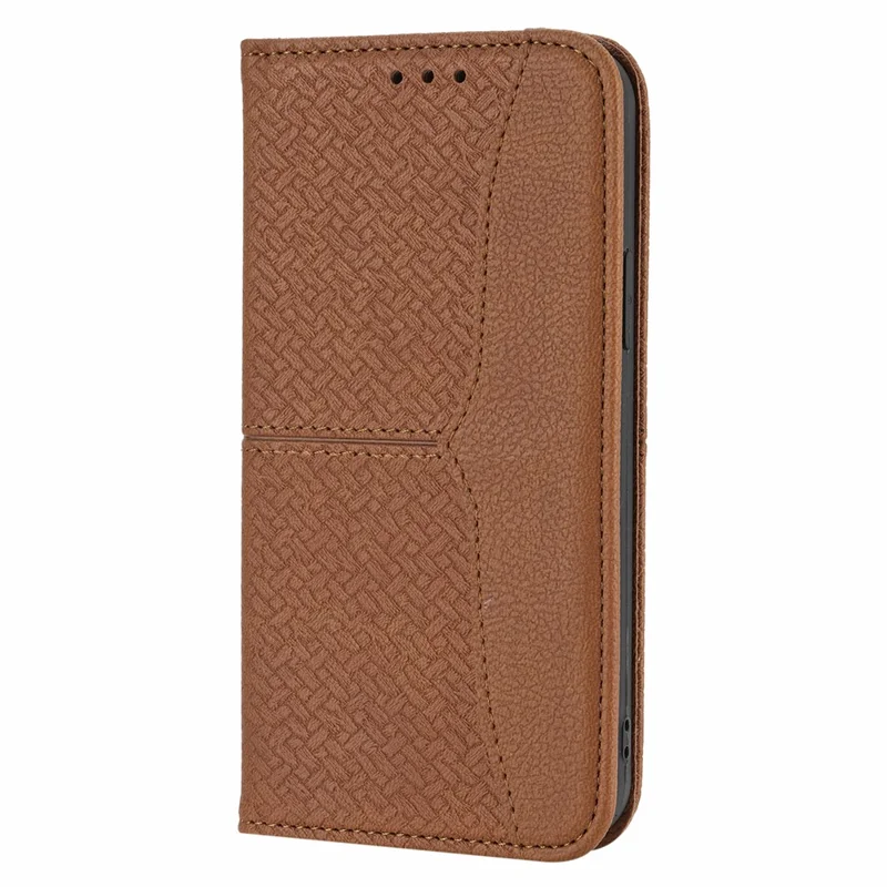 Custodia per iPhone 15 Pro in pelle intrecciata con portafoglio e tracolla - Marrone