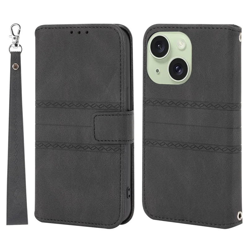 Für iPhone 15 Hülle Bedrucktes PU-Leder-Ständergeldbörse Kratzsichere Telefonschale mit Riemen - Schwarz