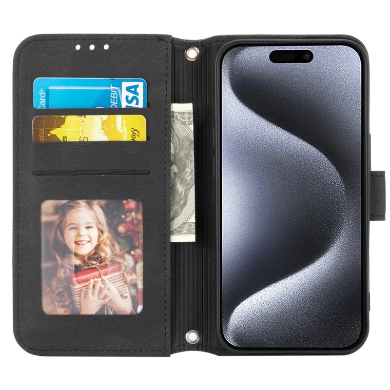 Für iPhone 15 Hülle Bedrucktes PU-Leder-Ständergeldbörse Kratzsichere Telefonschale mit Riemen - Schwarz